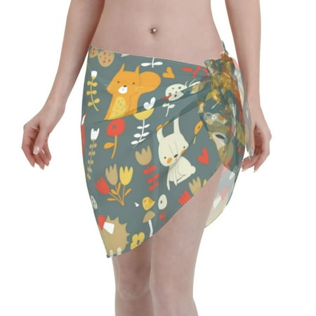 Qekee Cute Animal Forest Women s Short Sarongs Cover Ups Sheer Bikini Wraps for Swimwear