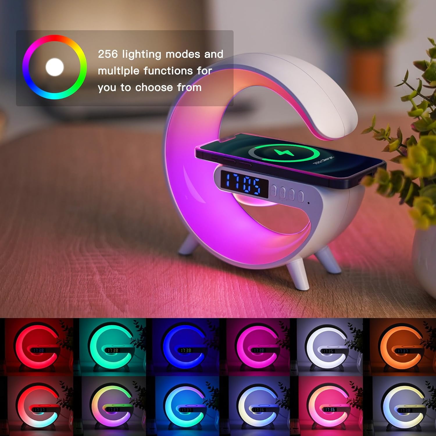Smart LED Table Lamp, 4-in-1 Wireless Charger, Night Light, Alarm Clock, and Bluetooth Speaker with App Control for Bedroom, Office, and Home Decor