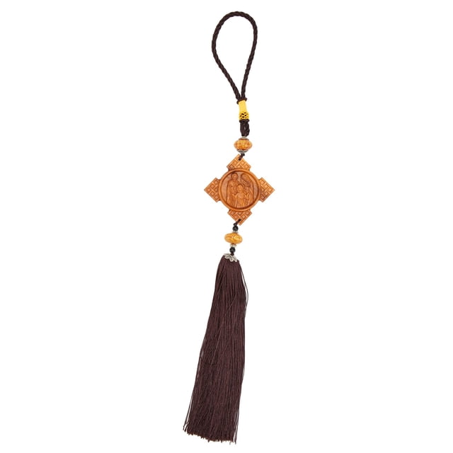 Colgante para espejo retrovisor católico con borla, con cordón, tallado en madera, borla de buena suerte, colgante Interior de coche para oficina