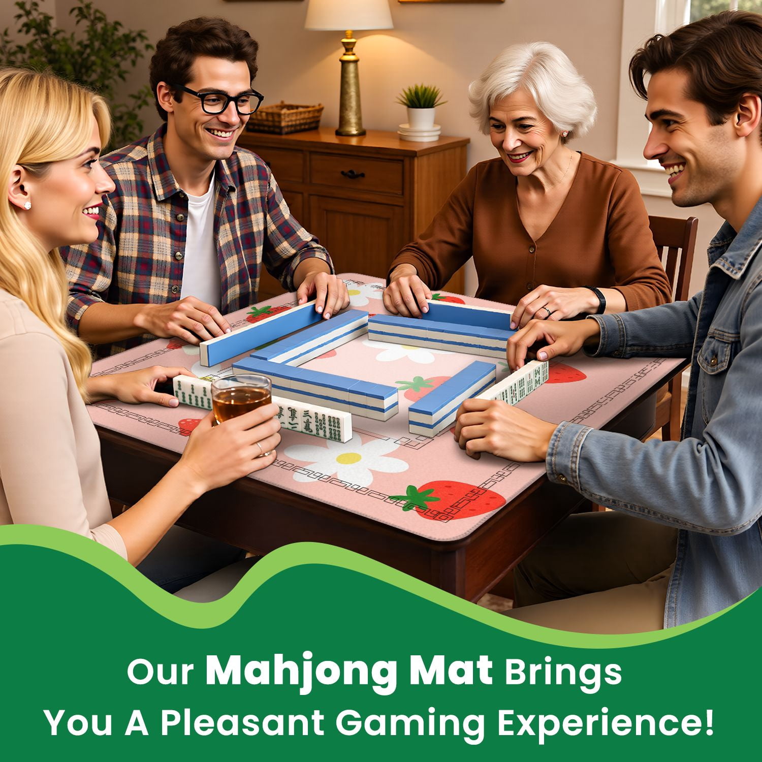 Mahjong Mat 31.5" x 31.5" Cute Strawberry Flower Mushrooms Pink Non-Slip Noise Reduction American Mahjong Tiles Table Cover for Dominoes Poker Card Board Games Gift