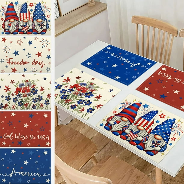Fiudx Juego de Manteles Individuales para El 4 de Julio, Diseño de Bandera, Tela de Lino Resistente Al Calor, Protección para Mesa y Encimera, Uso Interior y Exterior, Juego de 4 Piezas para Fiestas
