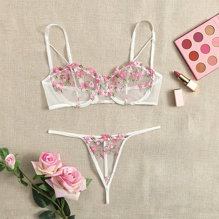 Sexy Lingerie for Women  See Through Lingerie  Women s Floral Embroidered Sheer Mesh Underwire Bra Lingerie Set  Valentine s Day Womens Lace Lingerie Babydoll Sheer Bra and Panty  Pink(L)