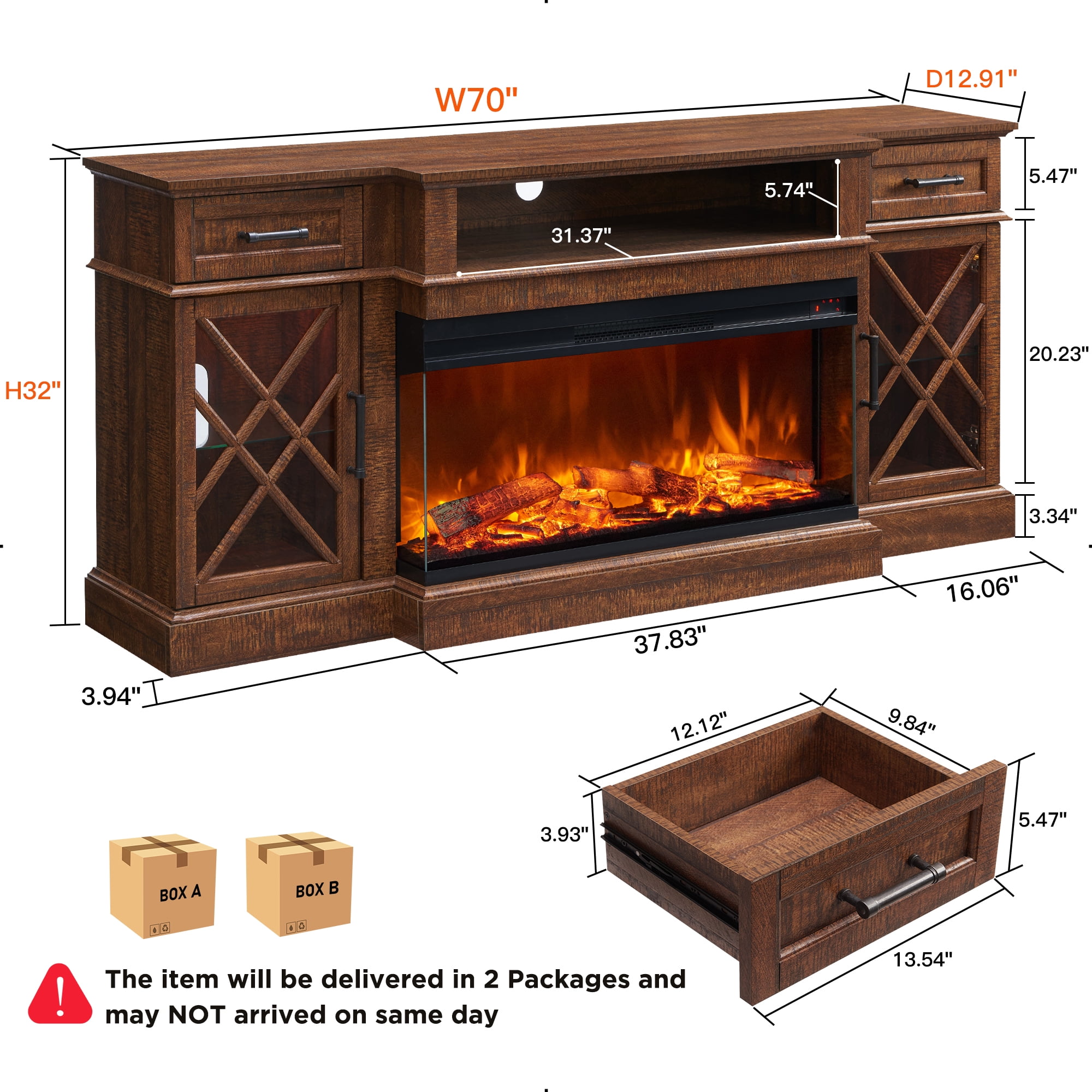 KeyWhat Farmhouse 3-Sided 70" Fireplace TV Stand for 80" TVs, Entertainment Center with Electric Fireplace and Storage Drawers, Reclaimed Barnwood