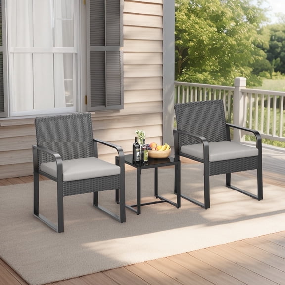 Asofer 3 Pieces Patio Chairs with Cushions, All-Weather Outdoor Rattan Furniture Sets with Glass Table for Garden, Porch, Bistro, Yard, Gray