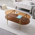 thumbnail image 1 of Rectangle Coffee Table Mid-Century Modern Design L W x H for Living Room - Structure Amber Glass Top and Walnut MDF Shelf Sleek Conical Metal Legs with Gold Finish, 1 of 9