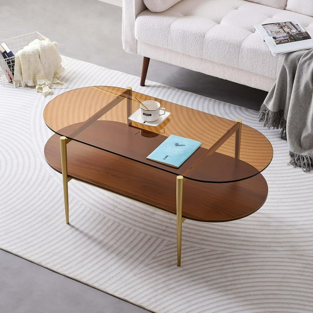 Rectangle Coffee Table Mid-Century Modern Design L W x H for Living Room - Structure Amber Glass Top and Walnut MDF Shelf Sleek Conical Metal Legs with Gold Finish