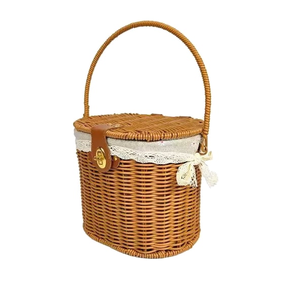 FEISHENTT Small Picnic Basket with Lid & Foldable Handles - Vintage Rattan Picnic Hamper with White Lining & Lock for Picnic, Beach, Vacation & Everyday Use