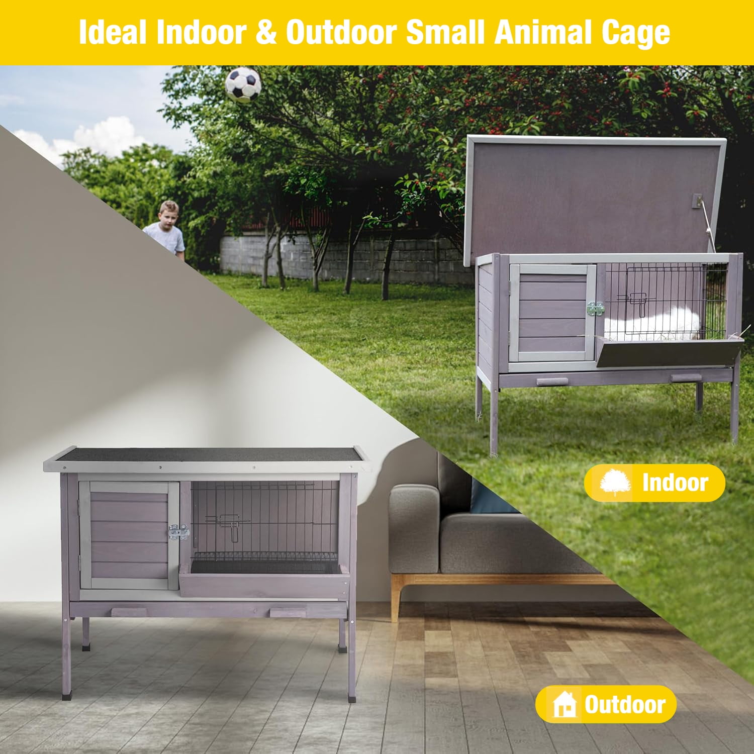 Aivituvin Rabbit Hutch, Wooden Bunny Cages Indoor with Deeper Leakproof Tray - Upgrade with Metal Wire Pan (Grey, Rabbit Hutch #001-B) Large