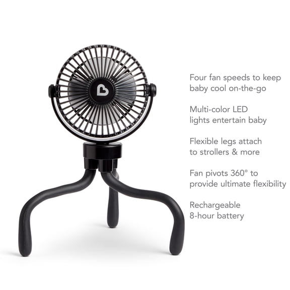 Open Box Munchkin Multi-Use Rechargeable Stroller Fan, 4 Speeds, LED Lights and Flexible Legs, Black, Unisex