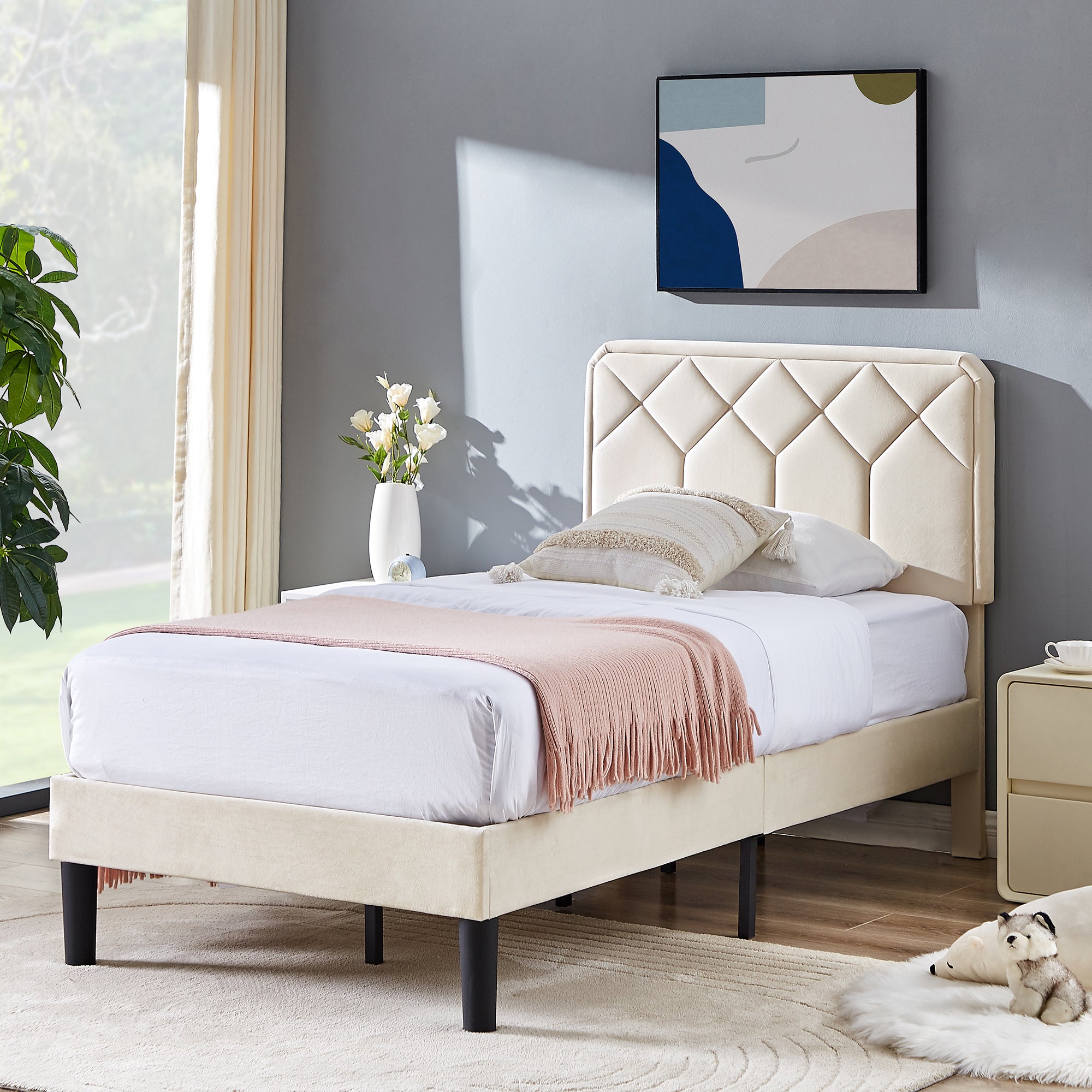 Taomika, Twin Size Tufted Nailhead Upholstered Platform Bed Frame with Adjustable Headboard-Beige