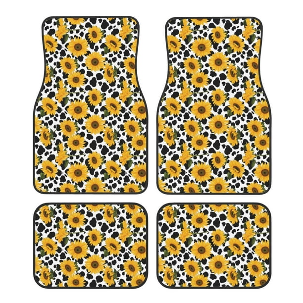 Fotbe Cow Print Sunflower Juego de 4 Tapetes para Auto con Estampado – Alfombrillas de Goma Reforzada, Diseño Antideslizante, Protección para Todo el Año – Vehículos, Autos, Camionetas y SUVs