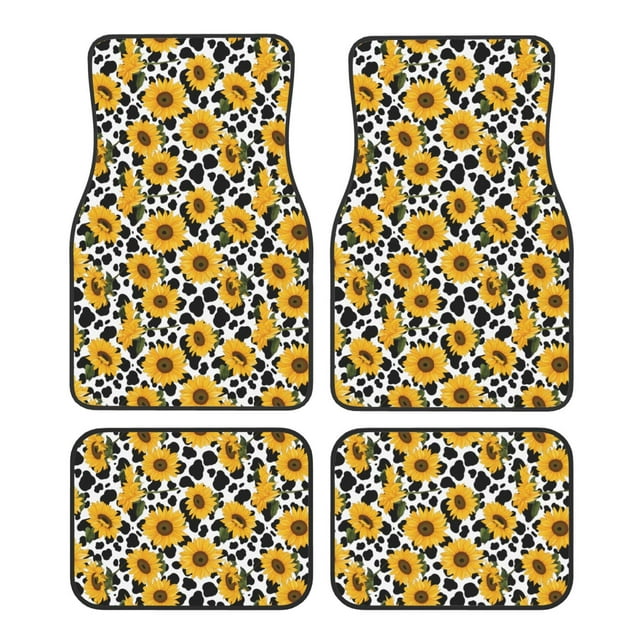 Kdxio Cow Print Sunflower Print Car Floor Mats Universal SUV Front Rear Floor Foot Mats 4-Piece Full Set with Non-Slip Rubber Backing Car Accessories for Most Cars