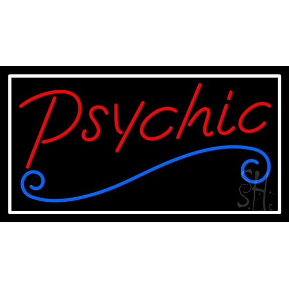 Red Psychic Blue Line White Border LED Neon Sign 20" Tall x 37" Wide - inches Black Square Cut Acrylic Backing, with Dimmer - Bright and Premium built indoor LED Neon Sign for Storefront.