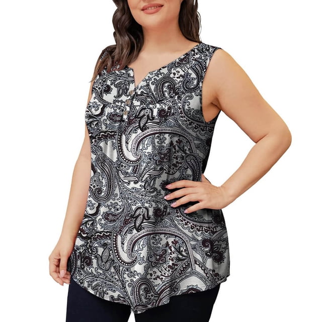 LSLJS Débardeurs à Col Rond pour Femmes Grande Taille Débardeur d'Été Imprimé Sans Manches Blouse Évasée Tendance Tunique à Boutons