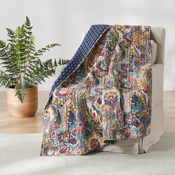 Levtex - Nanette - Quilted Throw - 50x60in. - Bohemian Paisley - Navy, Teal, Green, Red, Gold, Pink - Reversible Pattern - Cotton Fabric
