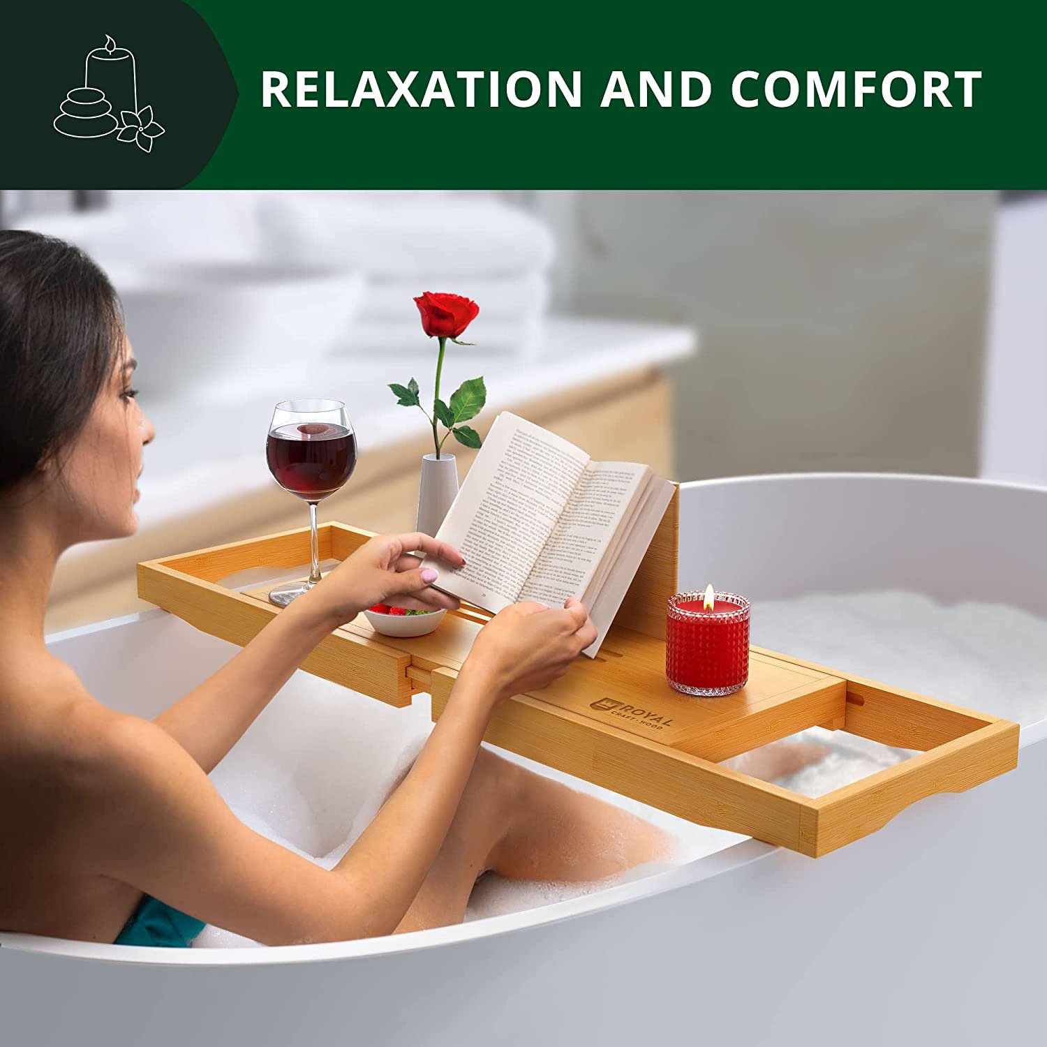 Royal Craft Wood Natural Bamboo Bathtub Caddy/Bath Serving Tray for 2, Luxury Bathtub Accessories Set - image 3 of 6