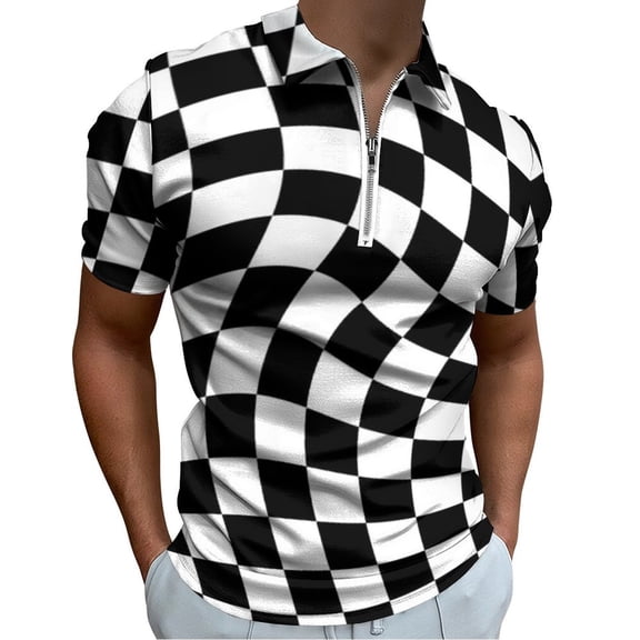 Warped Checkerboard Men Zipper T-shirt Summer Casual Short Sleeve T-shirt Top