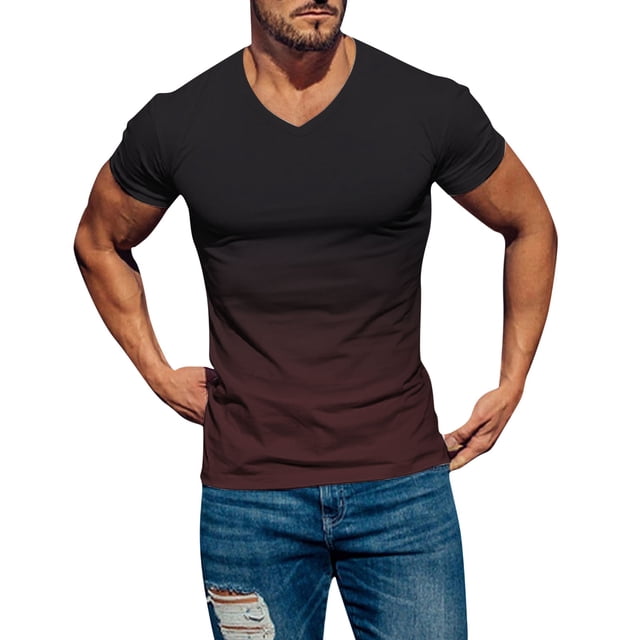 GDREDA Mens Spring Summer Casual Sports Comfortable Soft Gradient Solid Color Slim Short Sleeve V Neck T Shirt Nightshirts for Men