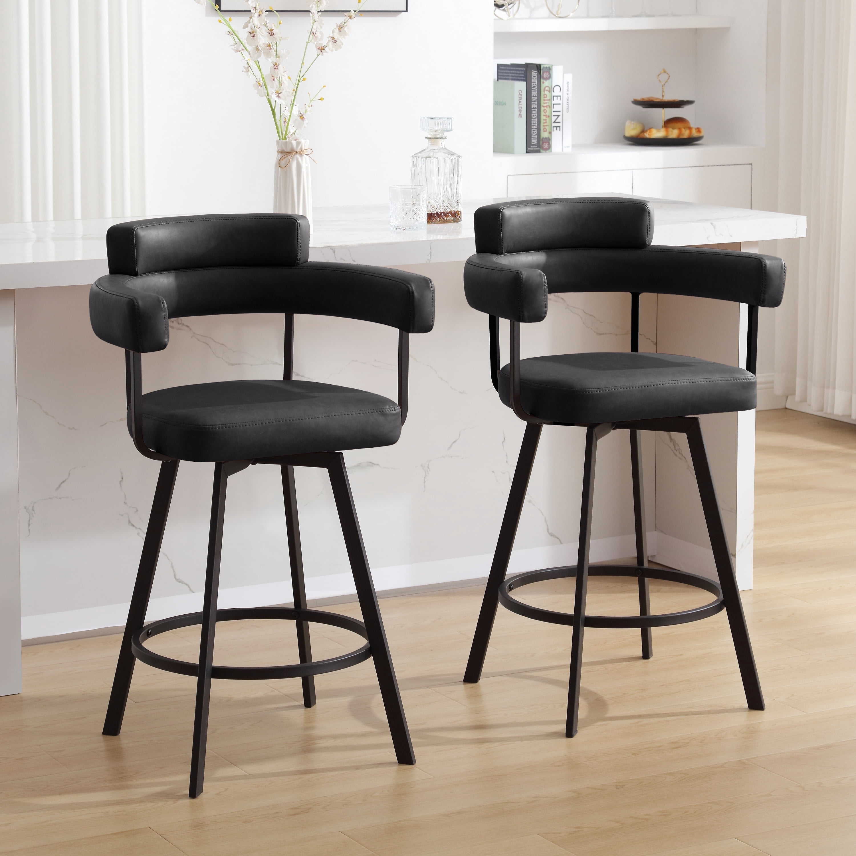 Zesthouse 26" Counter Height Swivel Barstools, Faux Leather Upholstered Bar Stools Set of 2, Armrests, Metal Base, Black