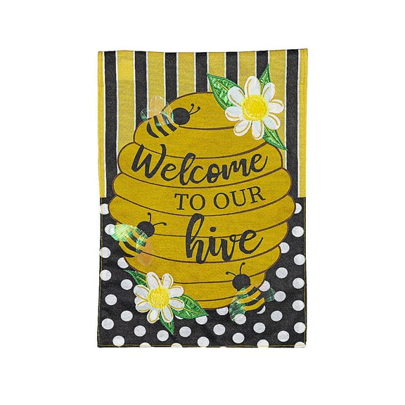 Welcome to our Hive Stripes and Dots Garden Burlap Flag