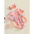 thumbnail image 4 of Musuos Newborn Girl Summer Outfit, 0-18Months Short Sleeve Crewneck Flower Print Bodysuit with Bowknot Headband 3PCS Clothes Set, 4 of 9