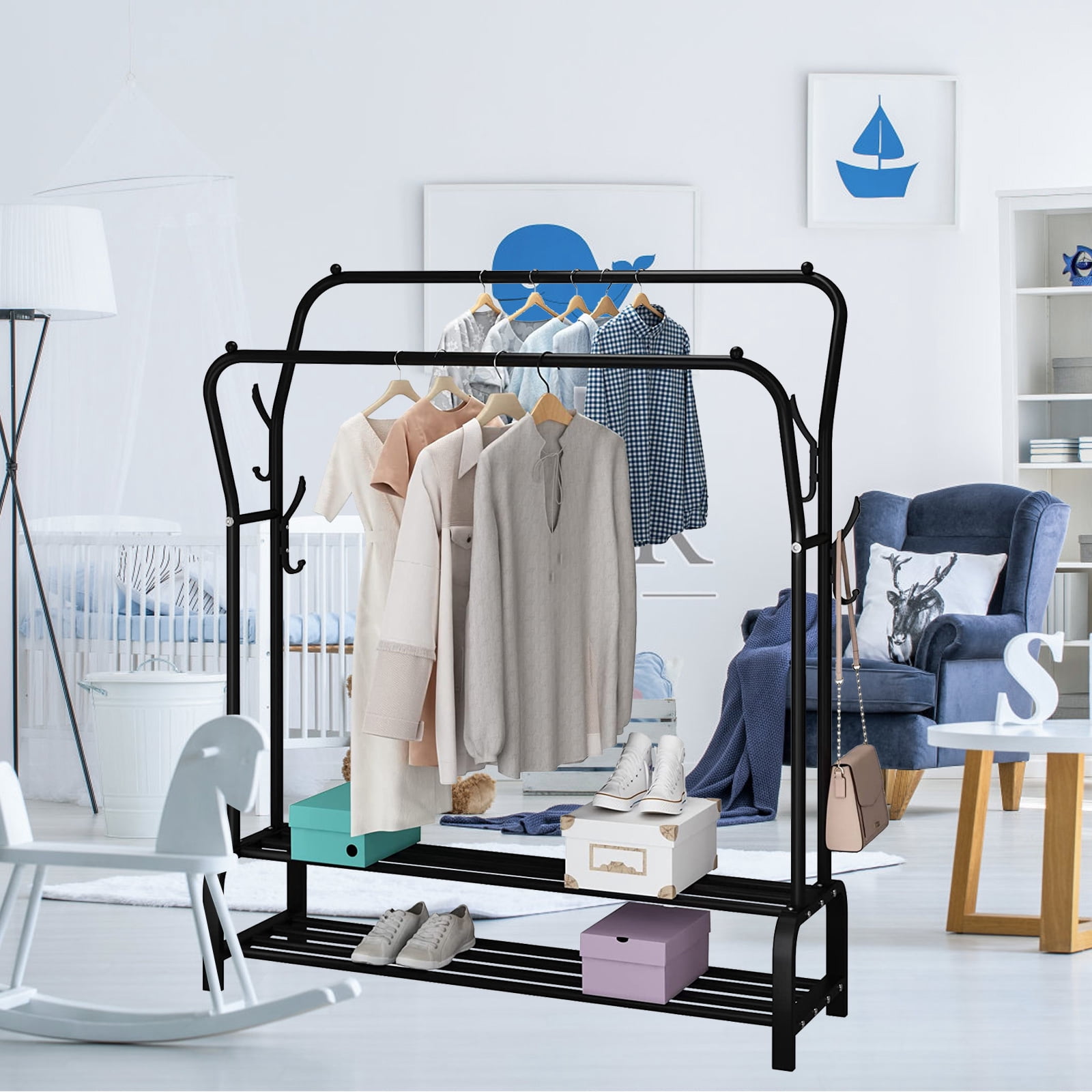 Heavy Duty Portable Garment Rack - Double Rail Clothes Organizer With 2 Shoe Shelves & Hangers, Freestanding For Bedroom (Black, 43.31"W X 57.48"H)