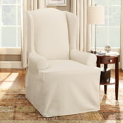 SureFit Cotton Duck One Piece with Back Ties and Cinched Seat Elastic T-Cushion Wing Chair Slipcover, Natural