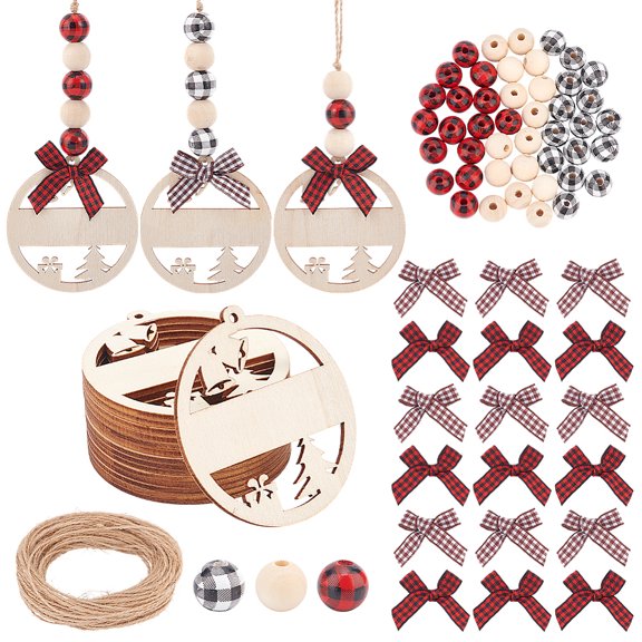 15Pcs Christmas Wooden Name Tags Christmas Stocking Name Tags with Wood Beads Buffalo Check Bows Xmas Stocking Hanging Tag for Christmas Home Hanging Decoration DIY