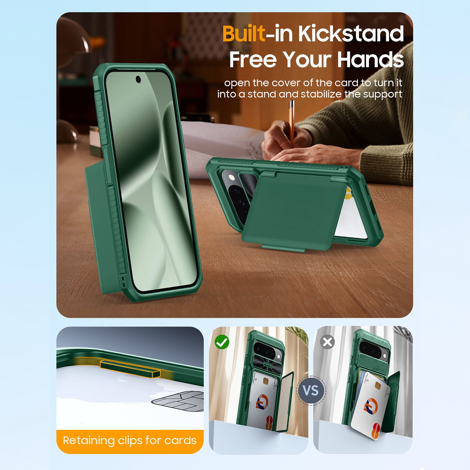 Vizvera for Google Pixel 10/10 Pro Wallet RFlD Cards Holder,Camera Control,Camera Cover,Rugged Shockproof Silicone Protective Phone Case-Green