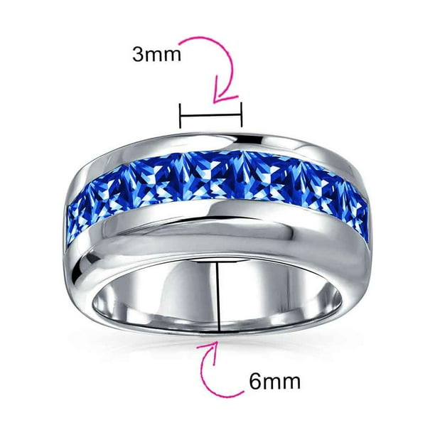 Unisex Simulated Blue Sapphire Channel Set Cubic Zirconia AAA CZ Brilliant  Princess Cut Wedding Band for Men Women .925 Sterling Silver 9MM Band Ring  
