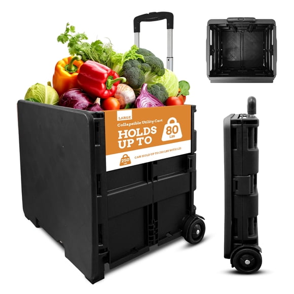 Inspired Living Collapsible Ultra-Slim Pack-N-Roll,2 Wheel Utility Cart w/Lid used as Seat up to 250 Lbs, Telescopic Handle - Super Strong, for Home,