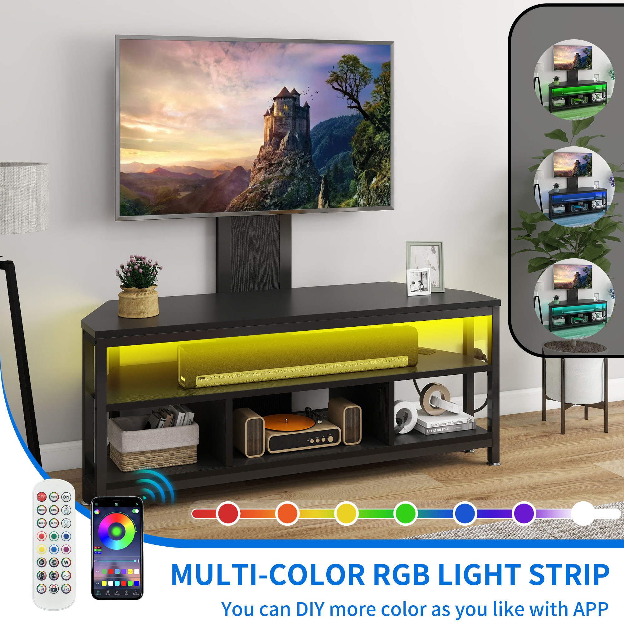 Dextrus Height Adjustable TV Stand Mount, Swivel Entertainment Center with Power Outlet and LED Lights, for TVs up to 70 inches