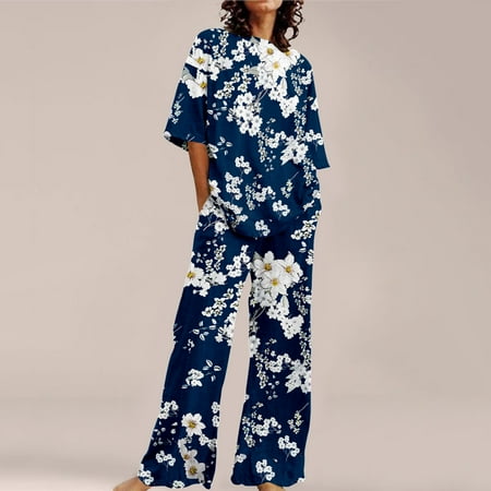 Women s Trousers Suit Women Cute Christmas Pajamas Holiday 2 Piece Satin Set Long Sleeve Button Down Shirt Pants Sleepwear Blue Women s Trousers Suit XL