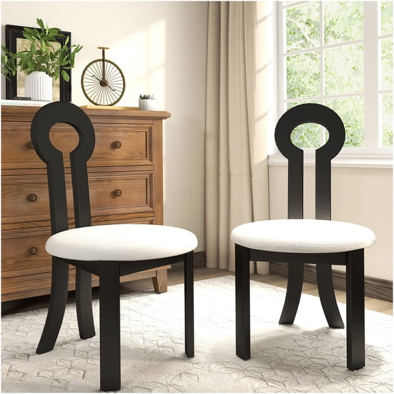 Vintage Modern Rubber Wood Dining Chairs with Plush Berber Fleece Upholstery, Black and White, Set of 2 Armless Side Chairs