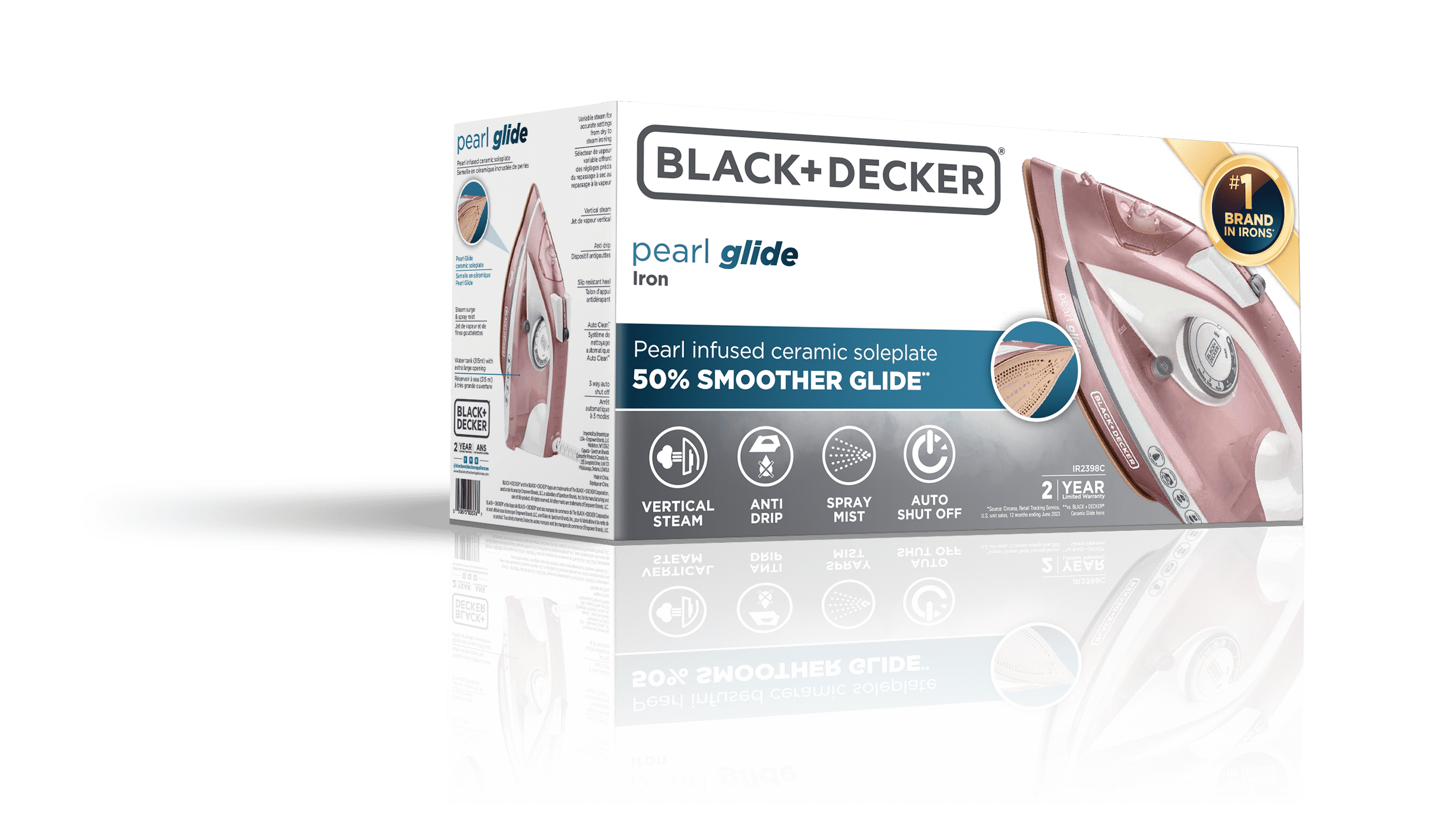BLACK+DECKER Pearl Iron, 50% Smoother Gliding with Pearl-Infused Ceramic Soleplate, Powerful Steam, 8 Foot Cord, Vertical Steam Function IR2398C
