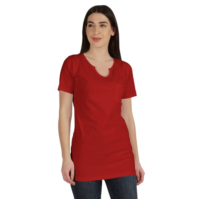 Inkmeso Long Length Notch Neck Top For Women Basic Cotton Tee Shirt w/ Pocket Patch Legging Top