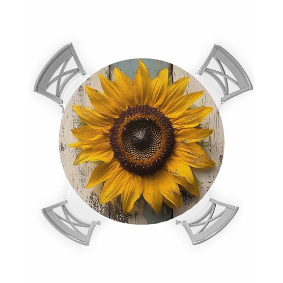 nqOlkjepod Vintage Sunflower Round Tablecloth, Fitted Table Cover with Elastic for 55"-60" Round Tables, Farmhouse Wooden Botanical Floral Table Cloth Outdoor Dinning Party Waterproof Tablecloths