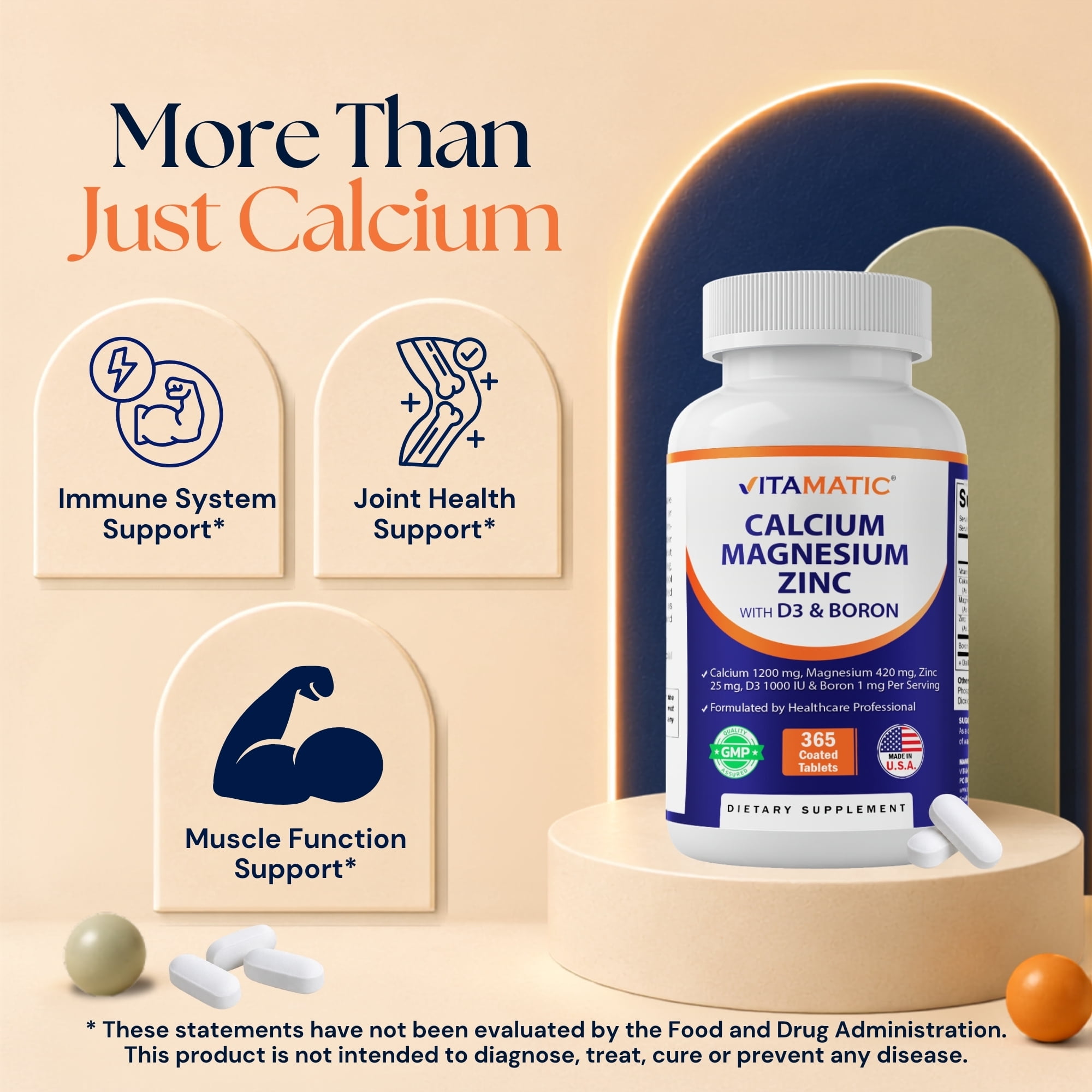 Vitamatic Calcium Magnesium Zinc D3 Boron | 365 Coated Tablets Supplement | Calcium 1200 mg, Magnesium 420mg, Zinc 25mg, Vitamin D3 1000 IU, Boron 1 mg | Non-GMO | Gluten Free | Made in USA