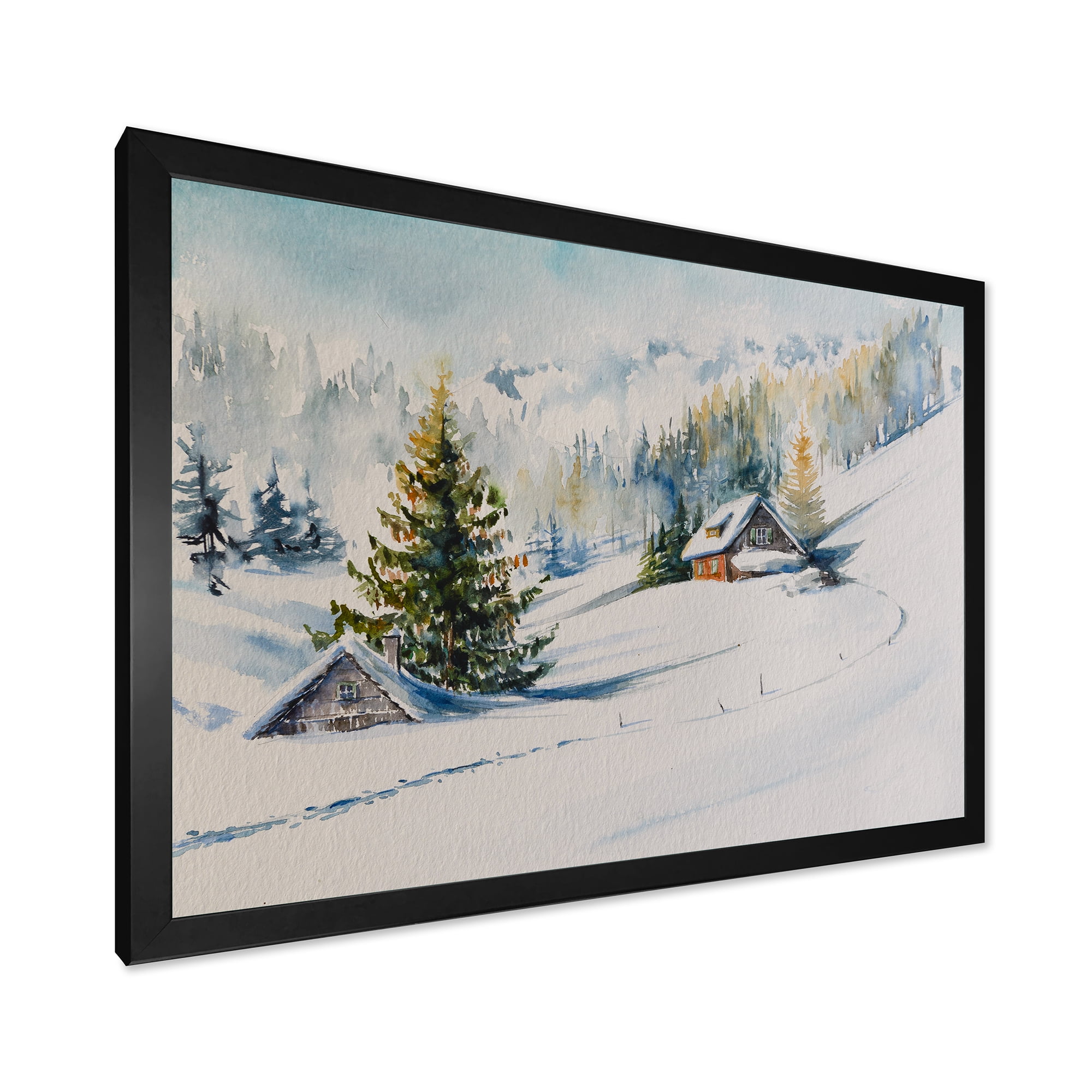 Designart 'The Winter Mountains With Little House' Traditional Framed Art Print