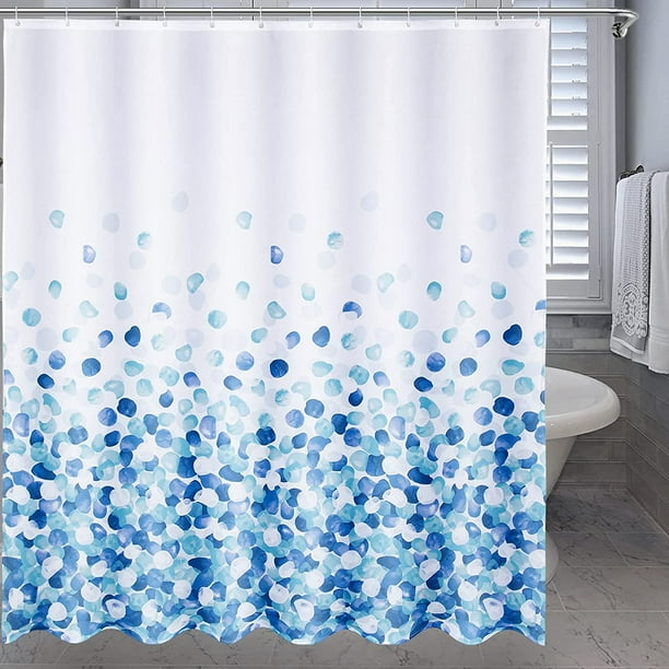 Cortina de ducha para baño, tela de poliéster resistente al moho, dobladillo grueso con 12 anillas, 180 x 180 cm, pétalos azules