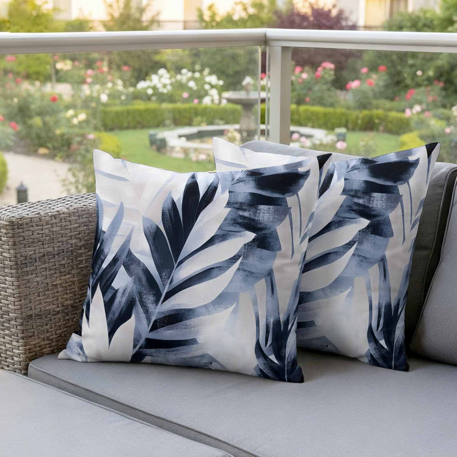 Navy Blue Palm Leaf Outdoor Waterproof Pillow Covers, Botanical Vintage Tropical Leaves Decorative Square Throw Pillowcase Sofa Cushion Sham for Patio/Couch/Chair, 20"x20" 2 Pack