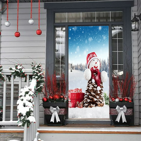 Winter Snowman Door Sticker Decoration Christmas Door Banner Backdrop for Winter Welcome Christmas Holiday Front Door Decoration,Removable self-adhesive wall stickers