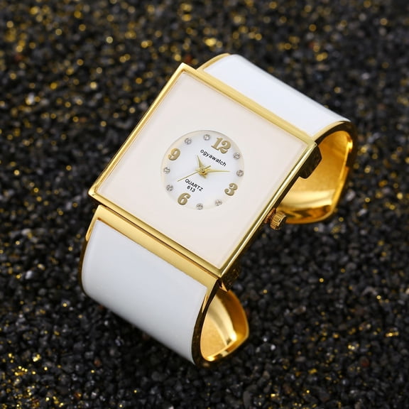 Gold Square Cuff Bangle Watch with White Dial, Elegant Women’s Quartz Bracelet Watch