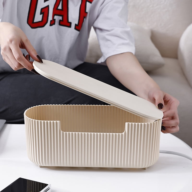 Cable Box Organizer, Plastic Cord Hider Box with Lid for Desk and Floor, Power Strips Cover for Home, Office, Computer, TV, School, Kitchen, Surge Protector Cover (Organ pleated beige）