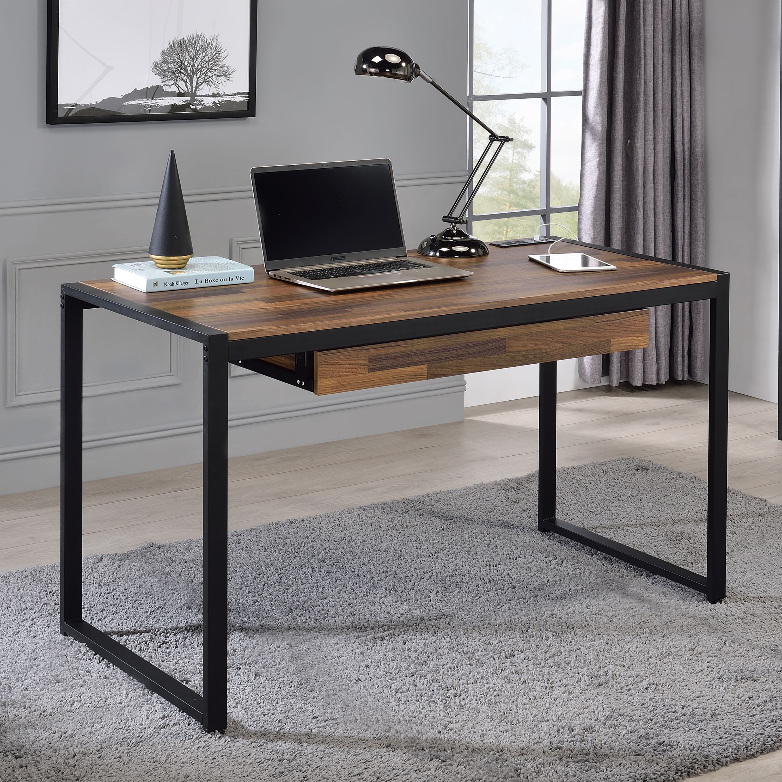 Furniture of America Mylyn Transitional 50.38 in Steel Portable Writing Desk, Sand Black/Natural