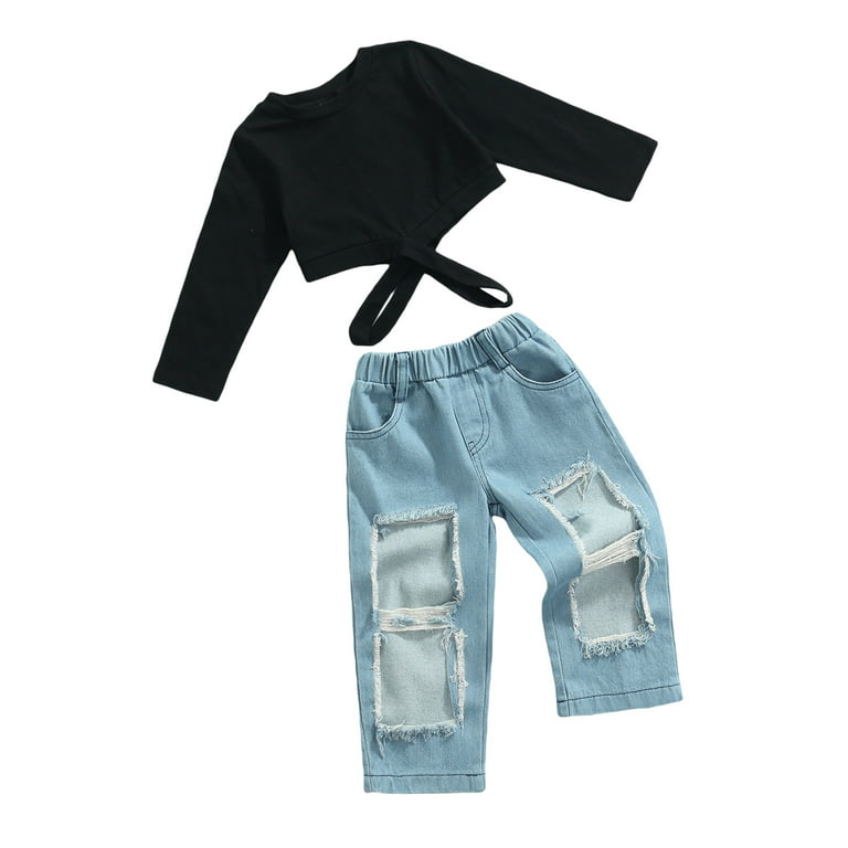 Kid Girls Clothes Set Long Sleeve Bandage Crop Tops Ripped Jeans Denim  Pants Outfits Costume 