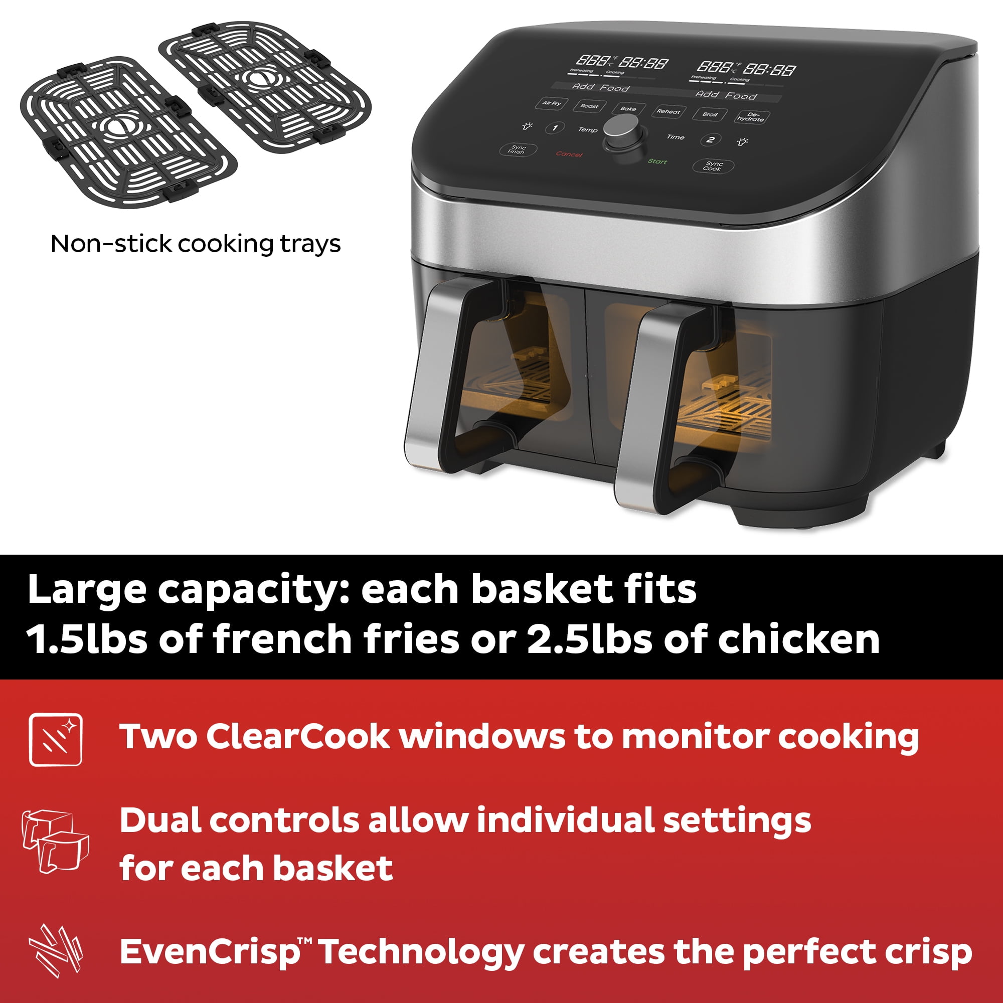 Instant Pot 8Qt Vortex Plus XL Air Fryer with Dual Baskets and Clear Cooking Windows, 8-in-1, Air fry, roast, broil, bake, reheat, and dehydrate, Stainless Steel