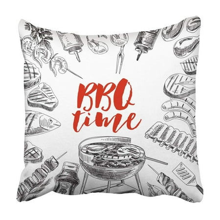 Cook Beef - ARTJIA Bbq Grill And Barbecue Vintage Style Retro Food Sketch Meat Barbe Que Beef Chicken Cook Pillowcase Cover 18x18 inch