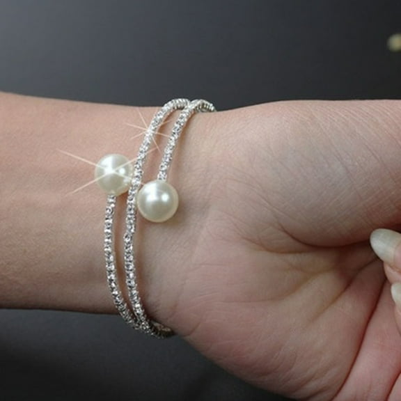 Besufy Women Bracelet,Full Rhinestone Multi-layer Wrist Bracelet Faux Pearl Cuff Open Bangle