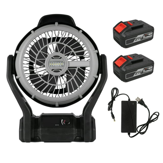 TFixol 21V Dual-Power Industrial Fan with LED Light, 4000mAh Battery, Adjustable Speed, 120° Rotation, Portable for Indoor/Outdoor Use, Black, US Standard, 2 Batteries + Charger Included